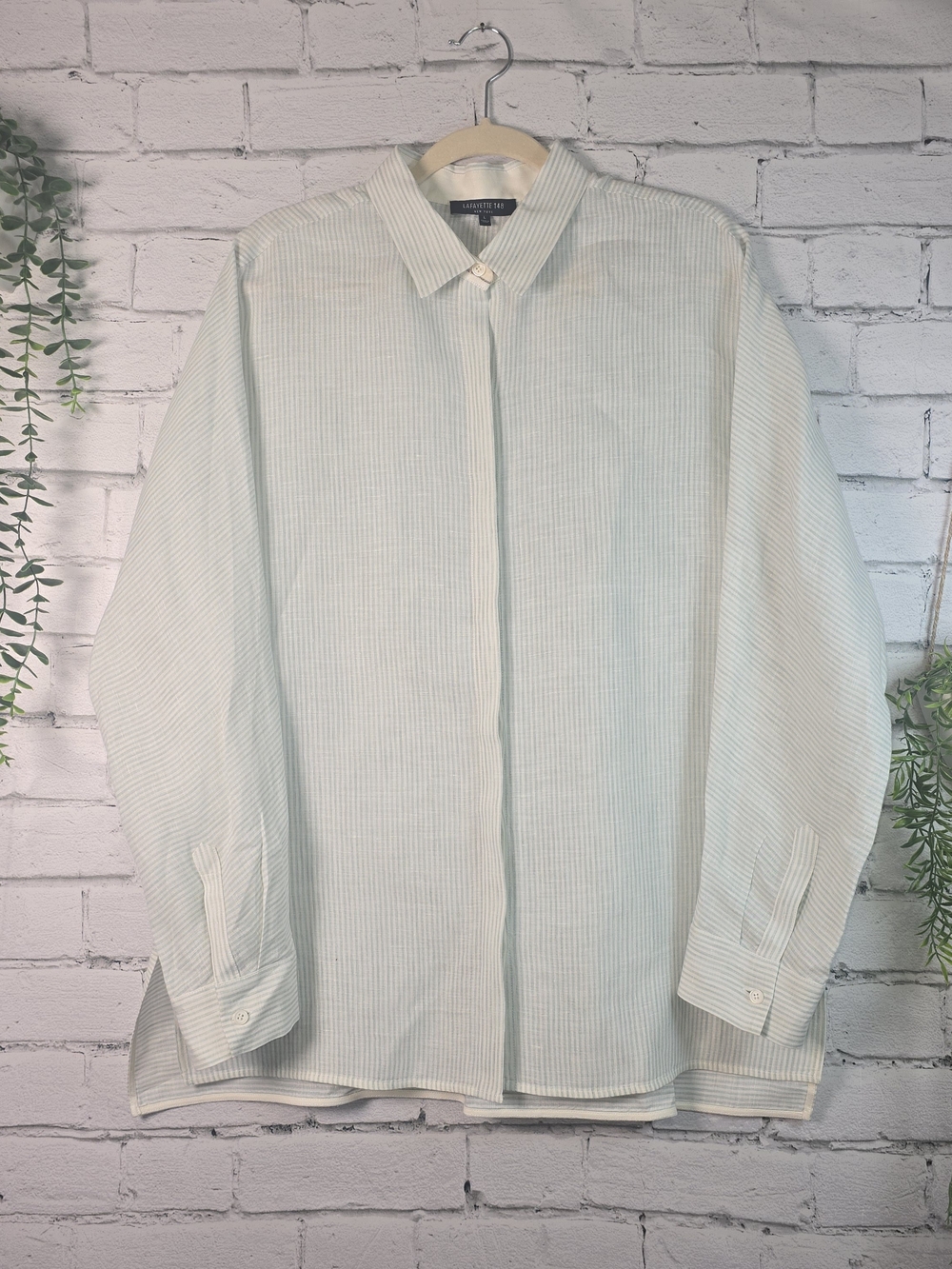 LAFAYETTE 148 NEW YORK ALYSSA LINEN PINSTRIPE BLOUSE SOFT GREEN & WHITE WOMES LG - Picture 1 of 9